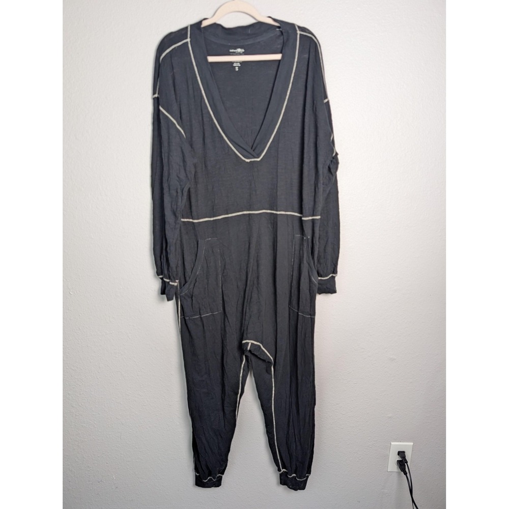 Natural Life Gray Jersey Jumpsuit Womens S V Neck Long Sleeve Relaxed Pockets